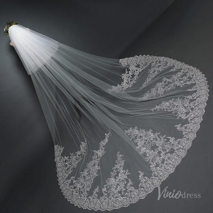 Lace Appliqued Cathedral Veil with Blusher Viniodress TS17101-Bridal Veil 2025 -Viniodress-Ivory-