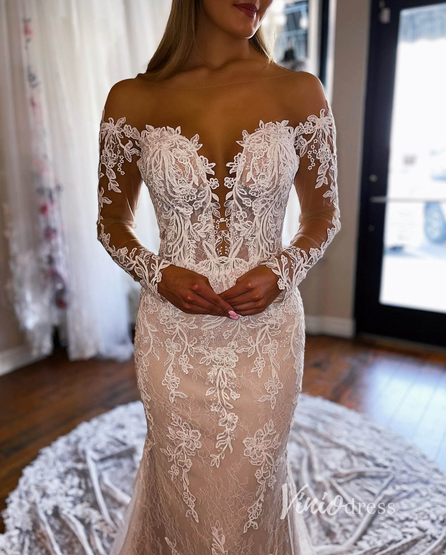 Lace Appliquéd Mermaid Wedding Dress | Off-the-Shoulder Long Sleeve Gown with Plunging V Sweetheart & Cathedral Train VW2117-wedding dresses 2025 -Viniodress-Champagne-Custom Size-