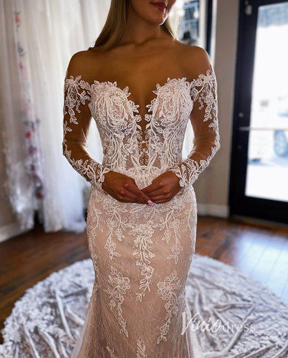 Lace Appliquéd Mermaid Wedding Dress | Off-the-Shoulder Long Sleeve Gown with Plunging V Sweetheart & Cathedral Train VW2117-wedding dresses 2025 -Viniodress-Champagne-Custom Size-