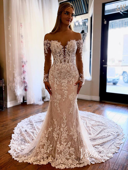Lace Appliquéd Mermaid Wedding Dress | Off-the-Shoulder Long Sleeve Gown with Plunging V Sweetheart & Cathedral Train VW2117-wedding dresses 2025 -Viniodress-Champagne-Custom Size-