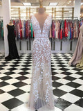 Lace Appliqued Nude Prom Dresses Deep V Neck Sheath Formal Dress FD2128