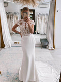 Lace Appliqued Satin Modern Wedding Dresses Cap Sleeve VW2145