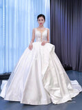 Lace Appliqued Satin Wedding Gown Plunging V-neck Ball Gown 67287