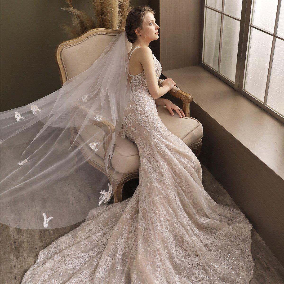 Lace Appliqued Waltz Length Bridal Veil with Blusher-Accessories 2025 -Viniodress-Ivory-