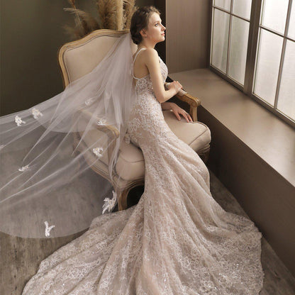 Lace Appliqued Waltz Length Bridal Veil with Blusher-Accessories 2025 -Viniodress-Ivory-