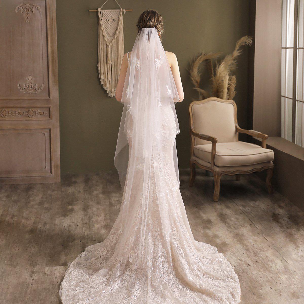 Lace Appliqued Waltz Length Bridal Veil with Blusher-Accessories 2025 -Viniodress-Ivory-