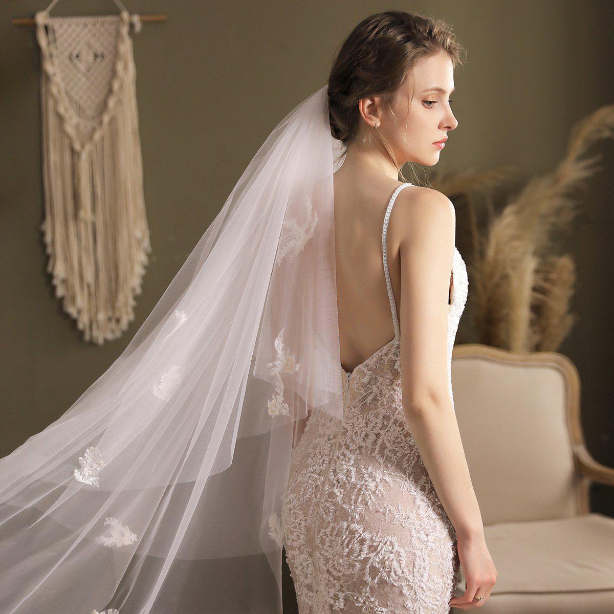 Lace Appliqued Waltz Length Bridal Veil with Blusher-Accessories 2025 -Viniodress-Ivory-