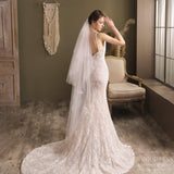 Lace Appliqued Waltz Length Bridal Veil with Blusher