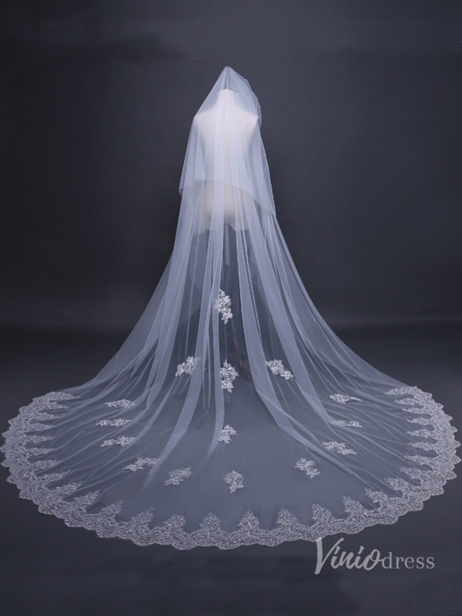 Lace Cathedral Veil with Blusher Viniodress TS17109-Bridal Veil 2025 -Viniodress-Ivory-