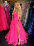 Lace-up Back Fuchsia Pink Long Prom Dress with Pockets & Slit FD2544B