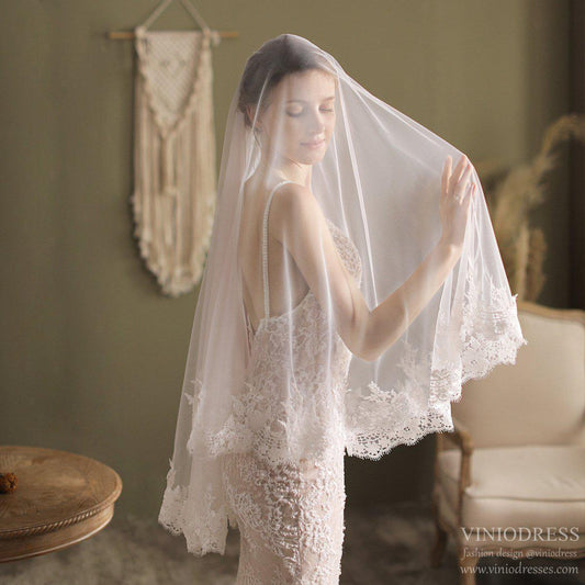 Lacy Blusher Veil Fingertip Length Bridal Veil-Accessories 2025 -Viniodress-Ivory-
