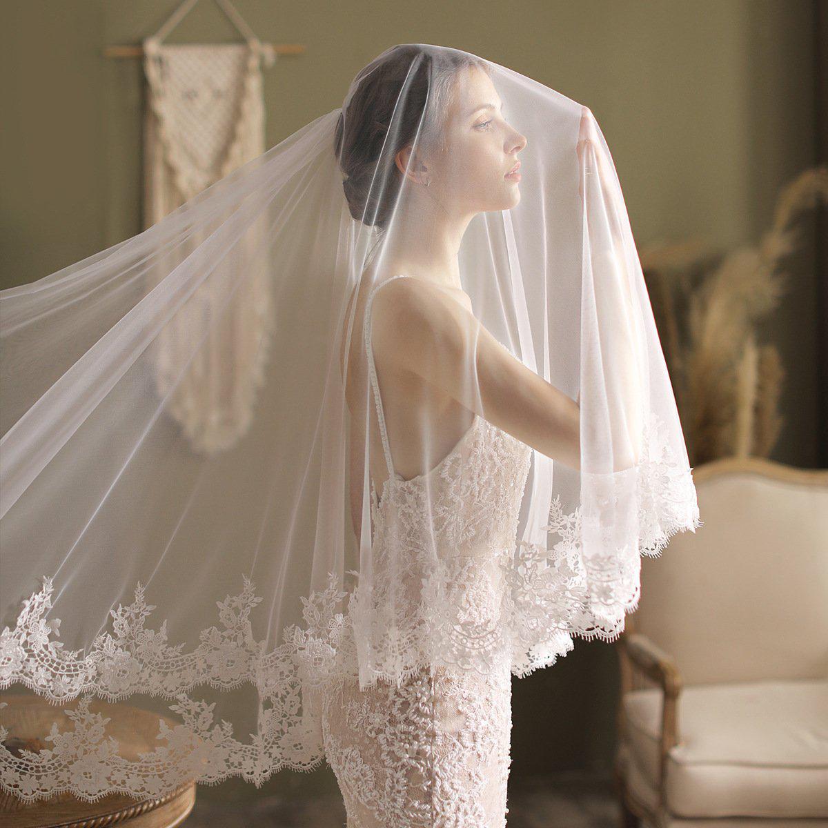 Lacy Blusher Veil Fingertip Length Bridal Veil-Accessories 2025 -Viniodress-Ivory-