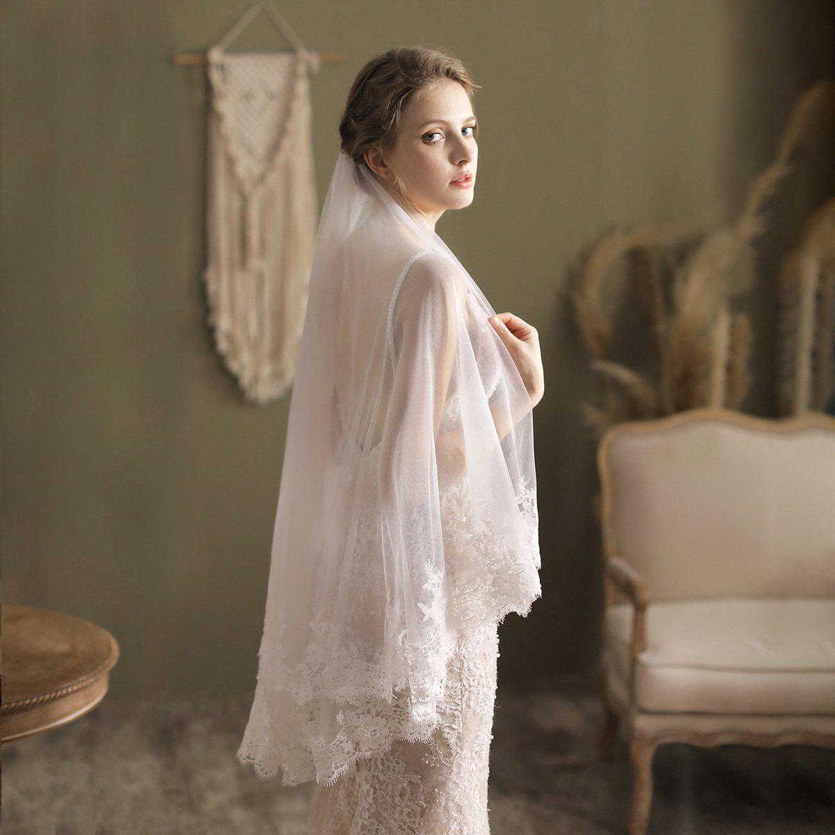 Lacy Blusher Veil Fingertip Length Bridal Veil-Accessories 2025 -Viniodress-Ivory-