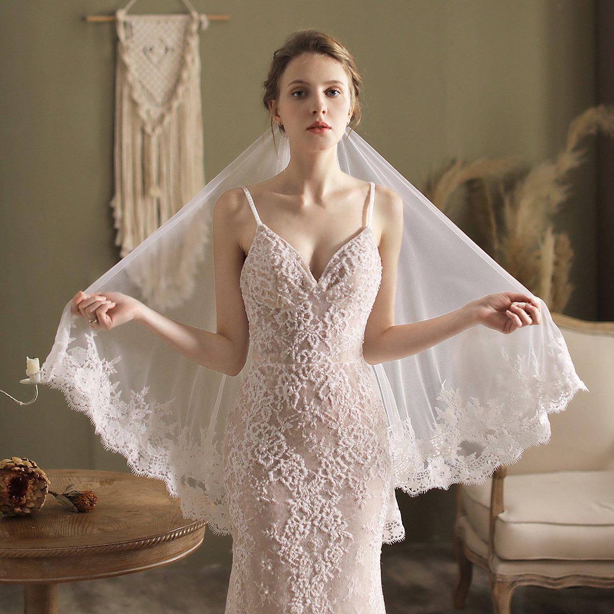 Lacy Blusher Veil Fingertip Length Bridal Veil-Accessories 2025 -Viniodress-Ivory-