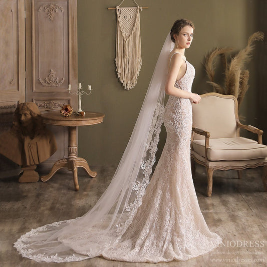 Lacy Chapel Length Bridal Veil-Accessories 2025 -Viniodress-Ivory-