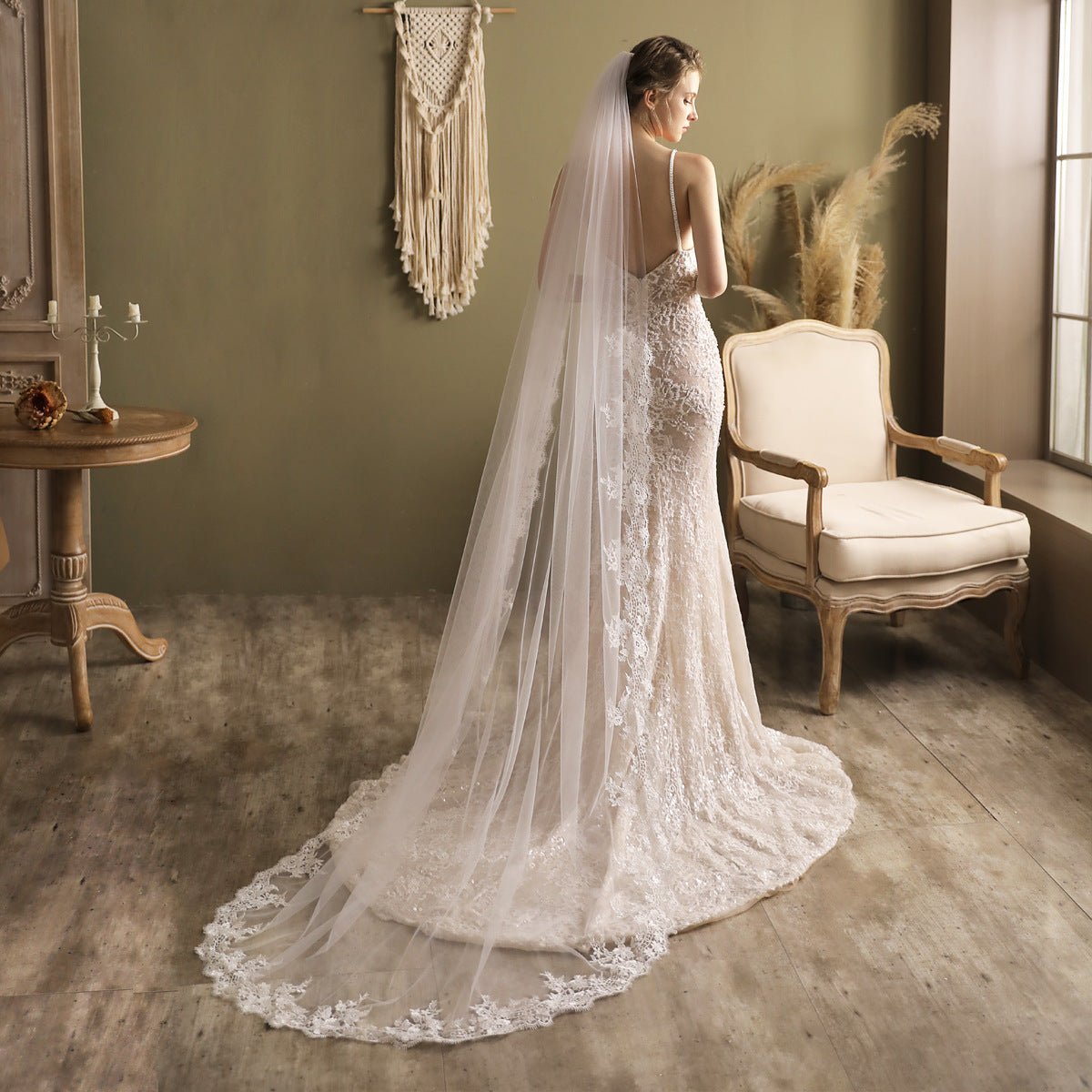 Lacy Chapel Length Bridal Veil-Accessories 2025 -Viniodress-Ivory-