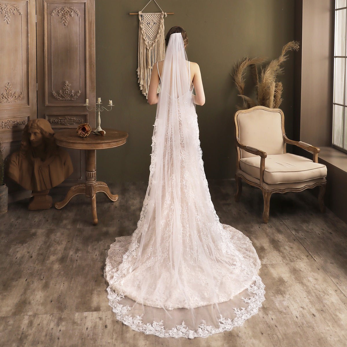 Lacy Chapel Length Bridal Veil-Accessories 2025 -Viniodress-Ivory-