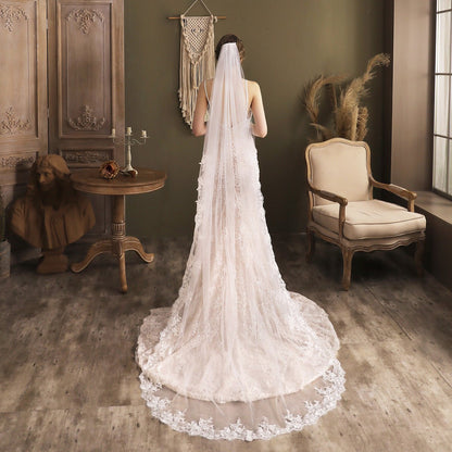 Lacy Chapel Length Bridal Veil-Accessories 2025 -Viniodress-Ivory-
