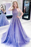 Lavender Lace Applique Prom Dresses Halter Neck Evening Dress FD3053