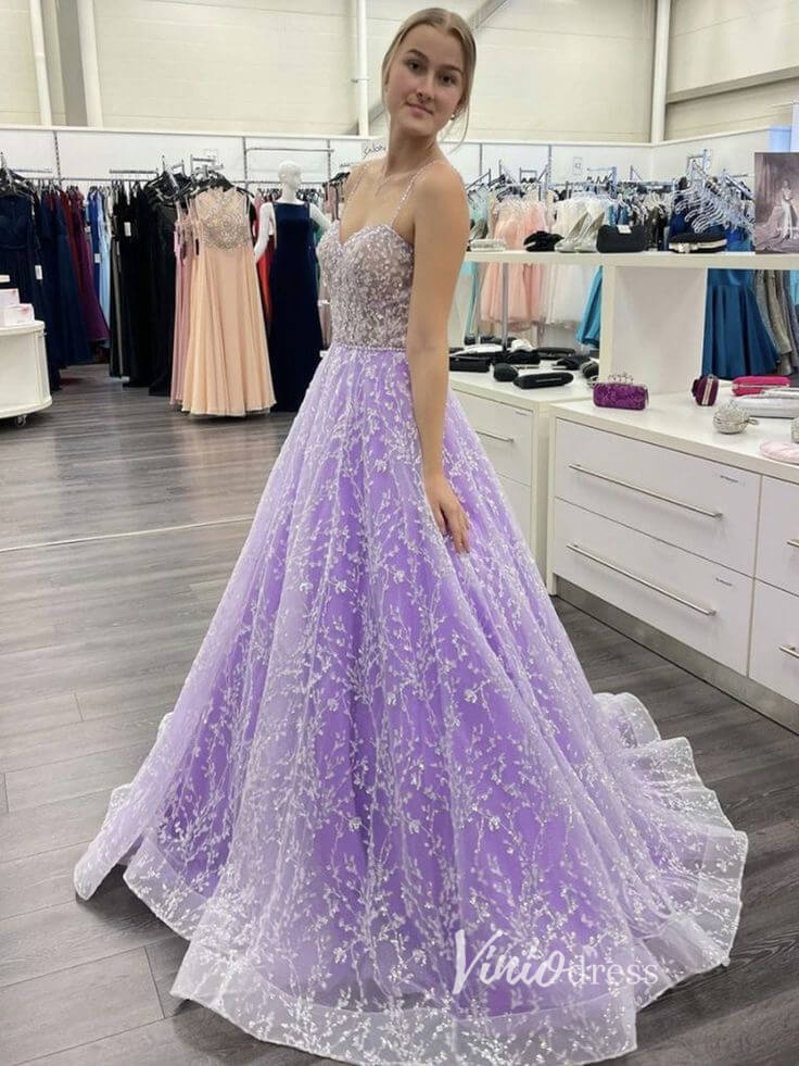 Lavender Lace Appliqued Prom Dresses Spaghetti Strap Formal Gown FD3323-prom dresses-Viniodress-Viniodress