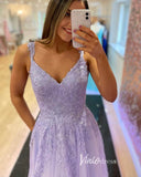 Lavender Lace Appliqued Prom Dresses Spaghetti Strap Formal Gown FD3353-prom dresses-Viniodress-Viniodress