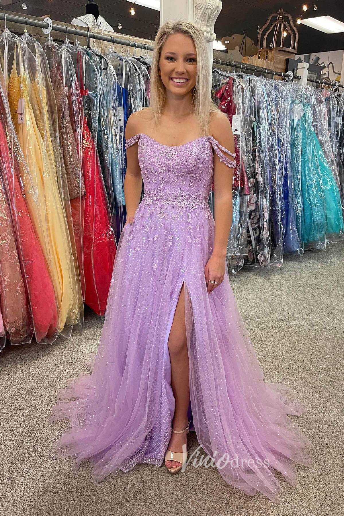 Lavender Off the Shoulder Lace Applique Prom Dress with Sequin Skirt and Slit FD3481-prom dresses-Viniodress-Lavender-Custom Size-Viniodress