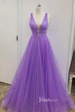 Lavender Pearl Prom Dresses V-neck Evening Dress FD3102