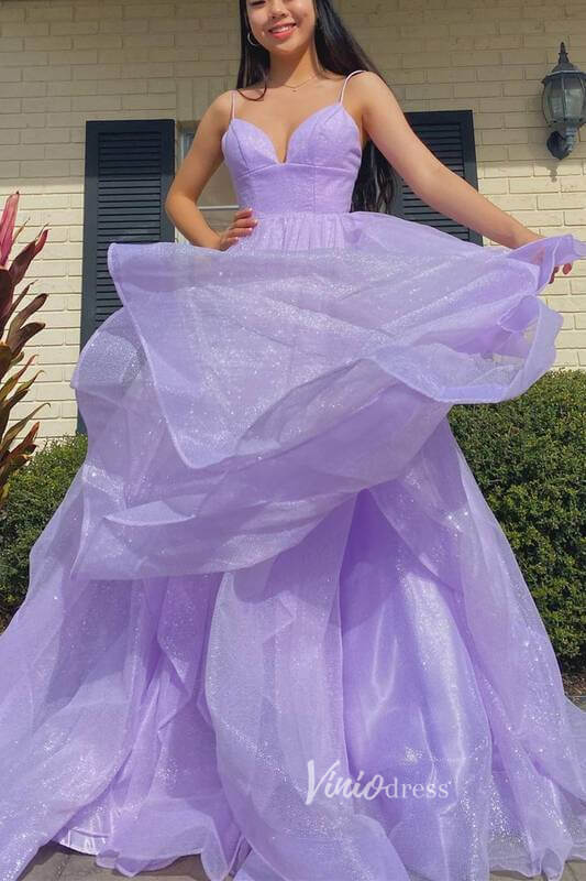 Lavender Sparkly Tulle Prom Dress Spaghetti Strap Formal Dresses FD2954-prom dresses-Viniodress-Viniodress