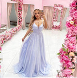 Lavender Sparkly Tulle Prom Dresses Spaghetti Strap Evening Gown FD3357
