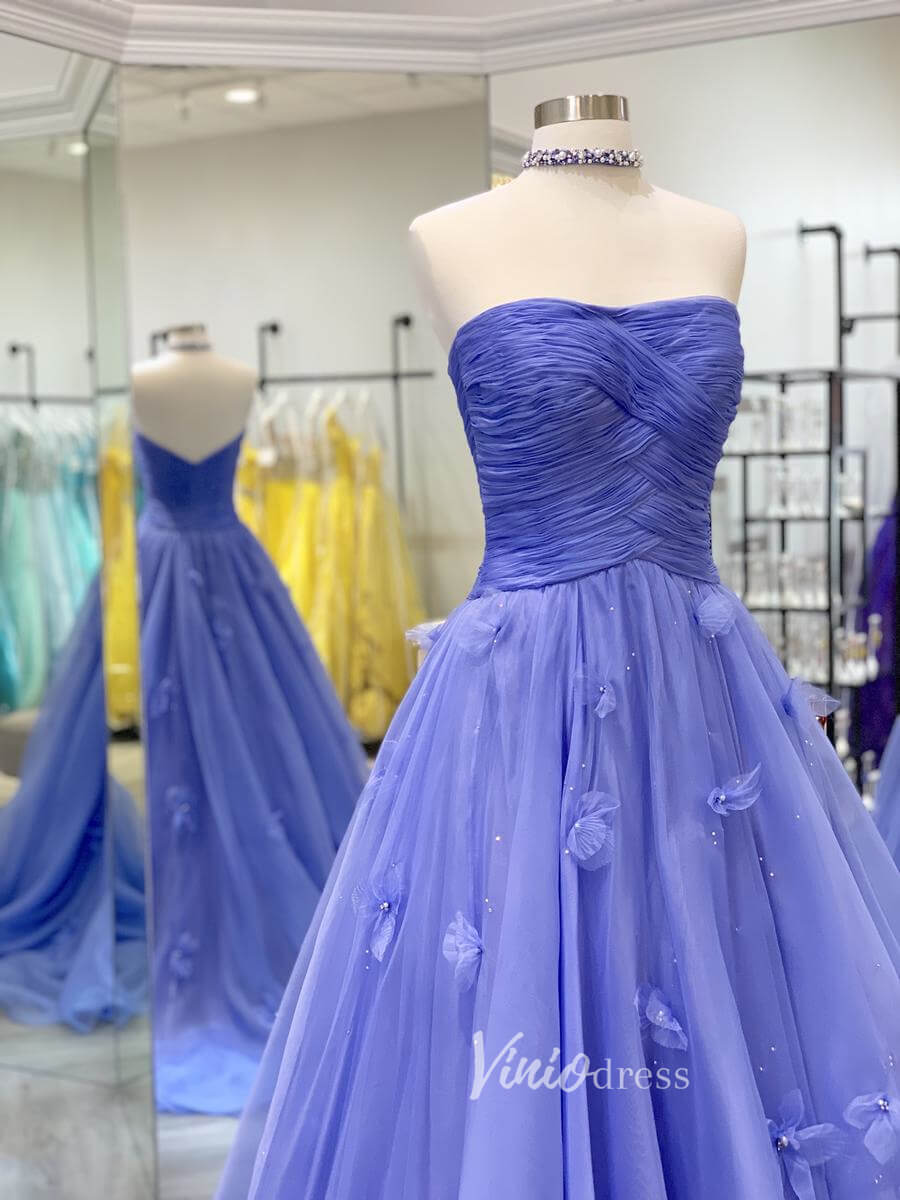 Lavender Strapless Prom Dresses 3D Flower Pleated Evening Dress FD3047-prom dresses-Viniodress-Viniodress