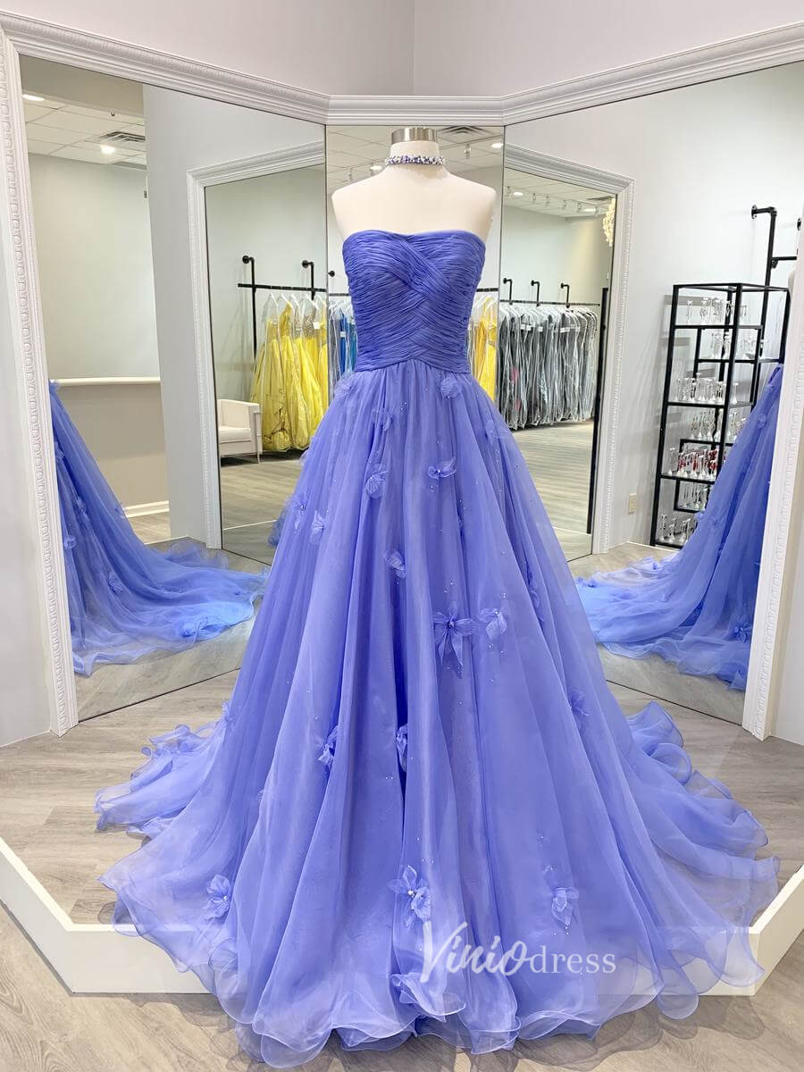 Lavender Strapless Prom Dresses 3D Flower Pleated Evening Dress FD3047-prom dresses-Viniodress-Lavender-Custom Size-Viniodress