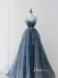 Layered Dusty Blue Formal Dress Tiered Sparkly Tulle Prom Gown FD2495-prom dresses-Viniodress-Viniodress