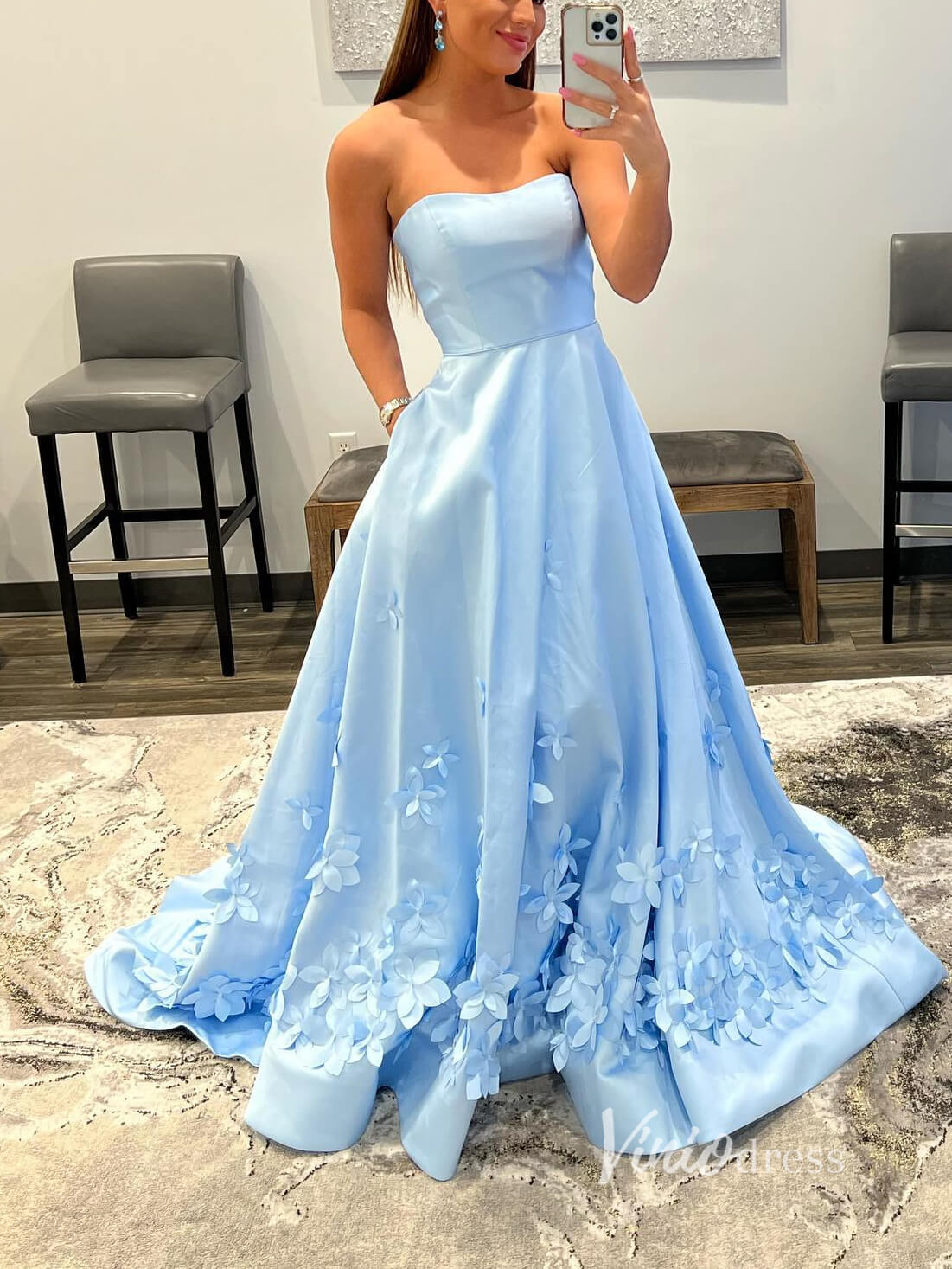 Light Blue 3D Flowers Prom Dresses With Pockets Strapless Evening Dress FD2938-prom dresses-Viniodress-Light Blue-Custom Size-Viniodress