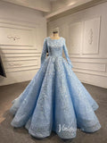 Light Blue Ball Gown Modest Long Sleeve Wedding Dress 66601 High Neck