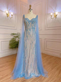 Light Blue Beaded Prom Dresses Cape Sleeve 20s Evening Dress 20059