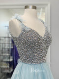 Light Blue Beaded Spaghetti Strap Prom Dresses 3D Flower Evening Dress FD3046-prom dresses-Viniodress-Viniodress