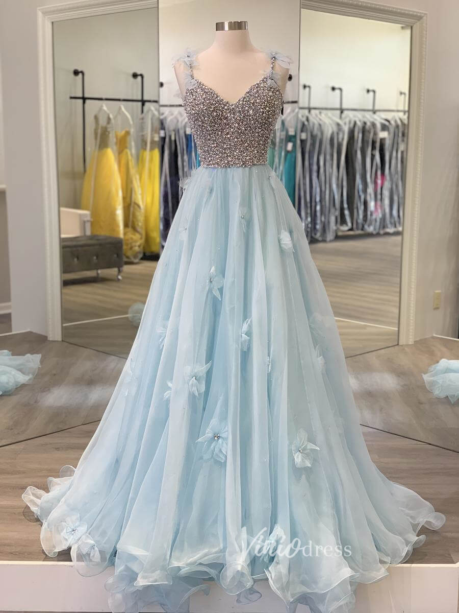 Light Blue Beaded Spaghetti Strap Prom Dresses 3D Flower Evening Dress FD3046-prom dresses-Viniodress-Light Blue-Custom Size-Viniodress