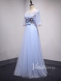 Light Blue Floral Prom Dresses with Sleeves FD1522-prom dresses-Viniodress-Viniodress