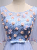 Light Blue Floral Prom Dresses with Sleeves FD1522-prom dresses-Viniodress-Viniodress