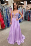 Light Blue Lace Applique Prom Dresses Chiffon Plunging V-Neck Formal Gown FD1348E-prom dresses-Viniodress-Lilac-Custom Size-Viniodress