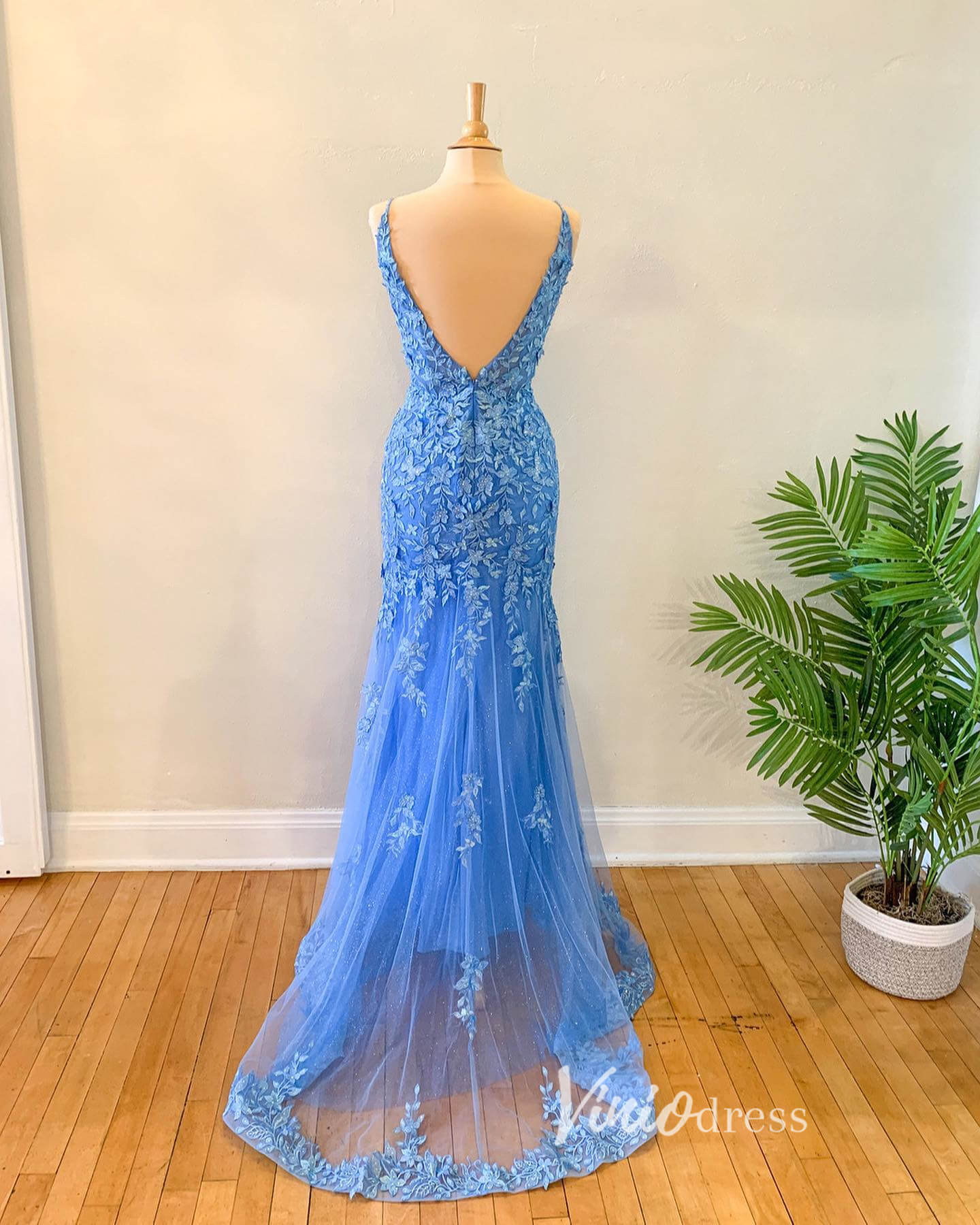 Light Blue Lace Applique Prom Dresses Mermaid Spaghetti Strap Evening Dress FD3304-prom dresses-Viniodress-Viniodress