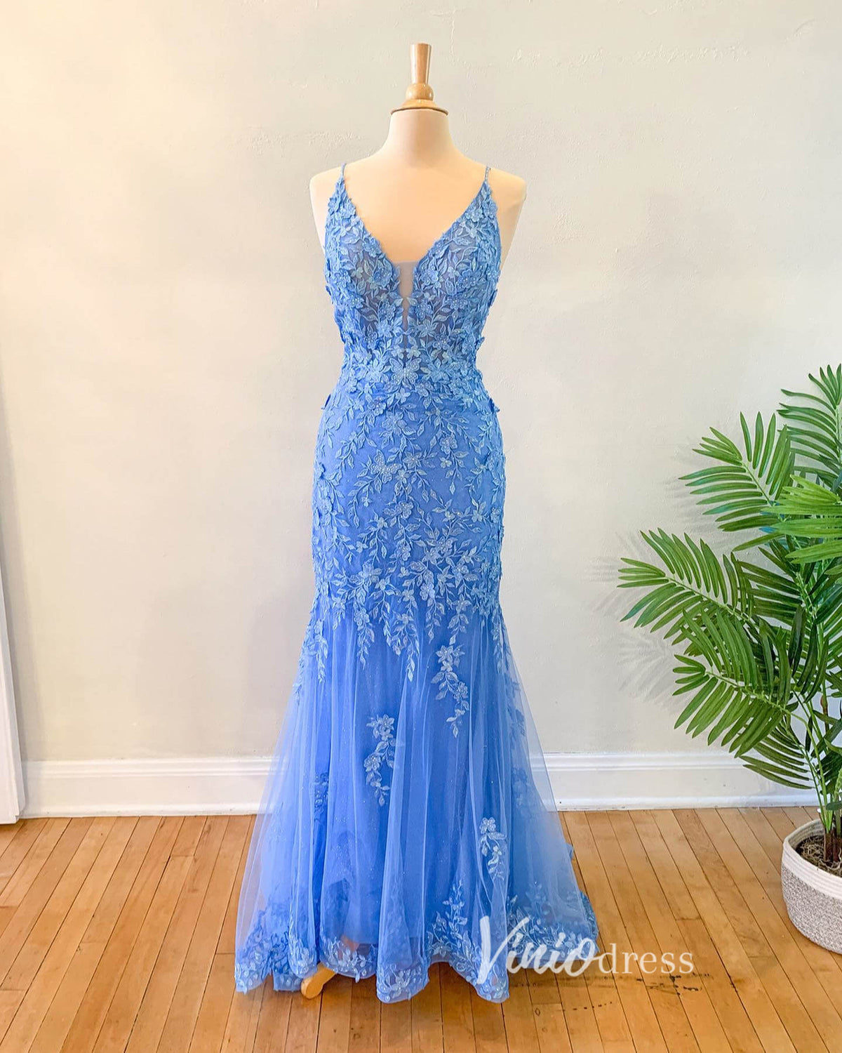 Light Blue Lace Applique Prom Dresses Mermaid Spaghetti Strap Evening Dress FD3304-prom dresses-Viniodress-Light Blue-Custom Size-Viniodress