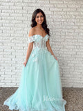Light Blue Lace Applique Prom Dresses Off the Shoulder Evening Dress FD3205