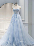 Light Blue Lace Applique Prom Dresses Strapless Evening Dress FD3109