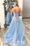 Light Blue Lace Applique Prom Dresses with Slit Off the Shoulder Formal Gown FD3374-prom dresses-Viniodress-Viniodress