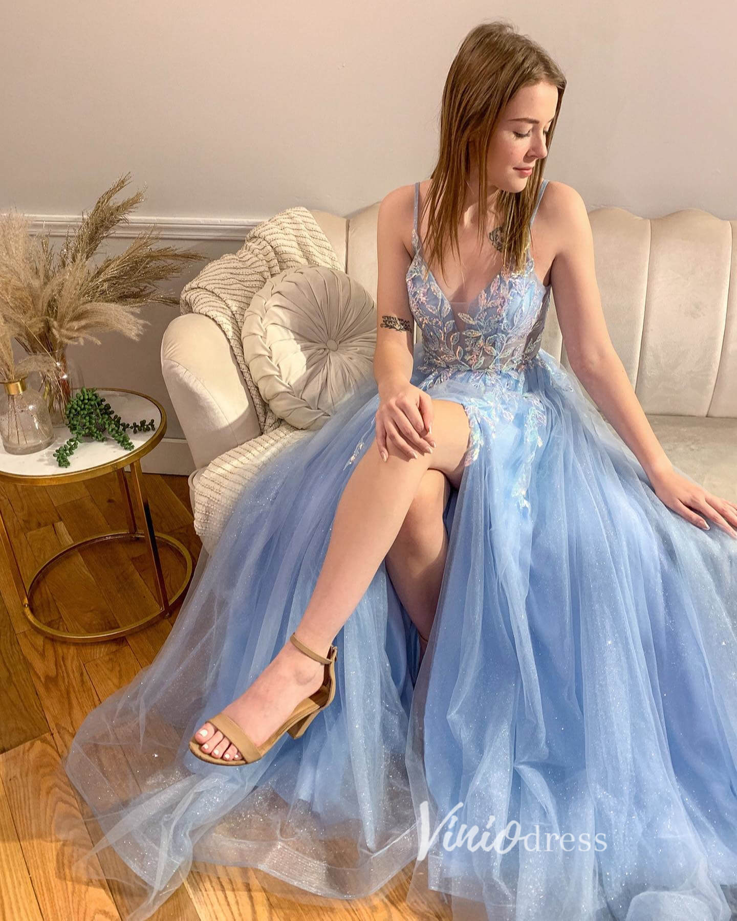 Light Blue Lace Applique Prom Dresses with Slit Spaghetti Strap Formal Gown FD3363B-prom dresses-Viniodress-Viniodress