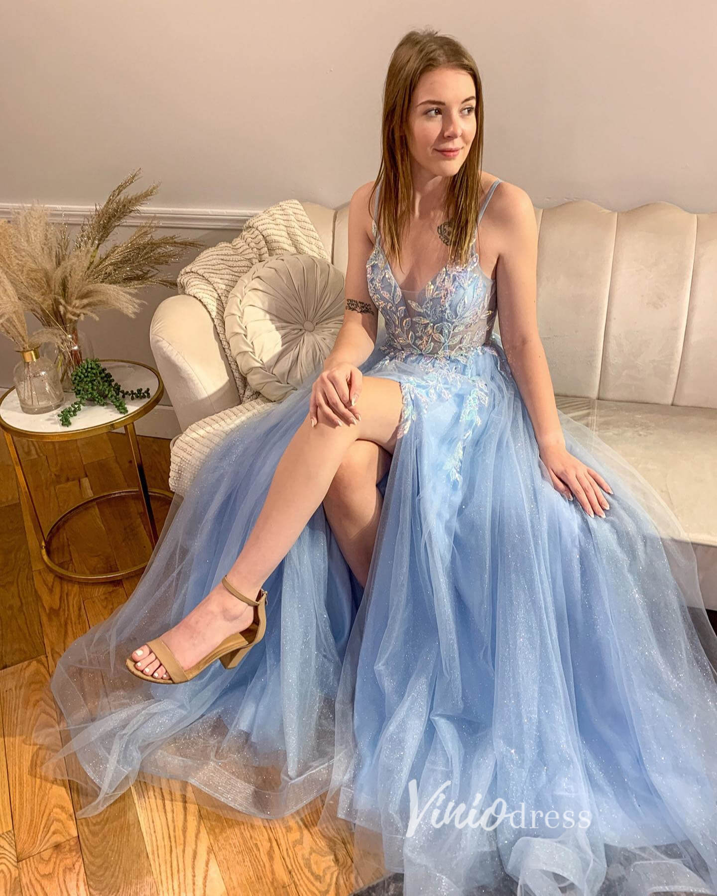 Light Blue Lace Applique Prom Dresses with Slit Spaghetti Strap Formal Gown FD3363B-prom dresses-Viniodress-Light Blue-Custom Size-Viniodress