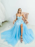 Light Blue Lace Applique Prom Dresses With Slit Strapless Evening Dress FD3080-prom dresses-Viniodress-Viniodress