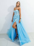 Light Blue Lace Applique Prom Dresses With Slit Strapless Evening Dress FD3080-prom dresses-Viniodress-Viniodress