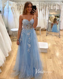 Light Blue Lace Appliqued Prom Dresses Strapless Evening Dress FD3354B-prom dresses-Viniodress-Viniodress